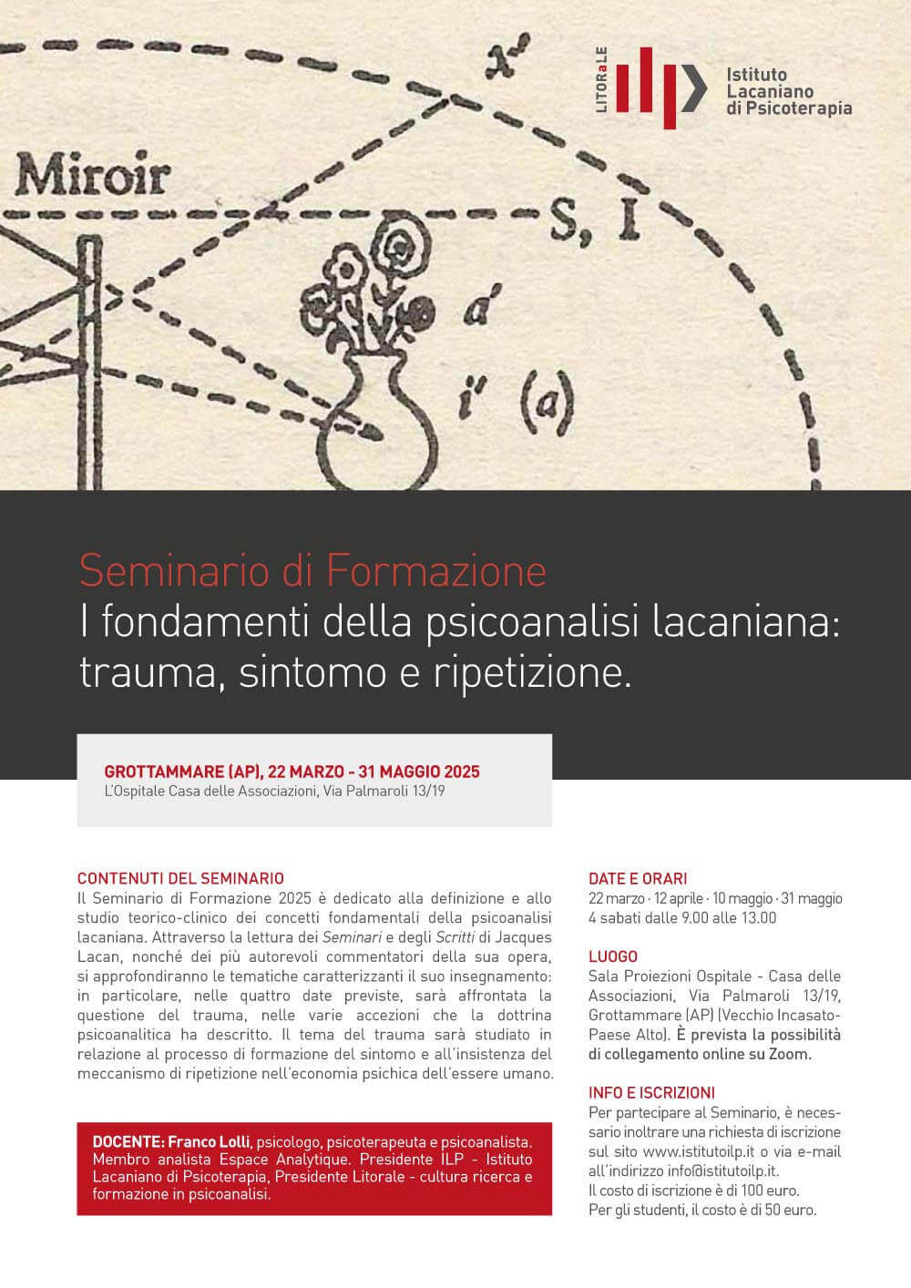 <span style="font-weight:lighter">Seminario di Formazione </span><span style="color:#BE1E2D !important;">I fondamenti della psicoanalisi lacaniana: trauma, sintomo e ripetizione.</span>